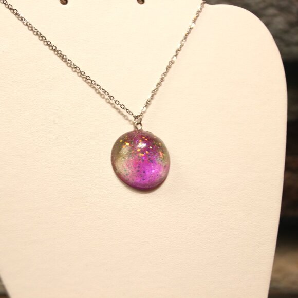 Handmade Epoxy Cicle Pendant w/ Transparnt Colors Pink and Green and Sparkles - Picture 6 of 7